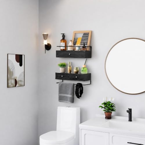 Floating Shelves With Drawers Set of 2, Wall Mounted Storage for Bathroom