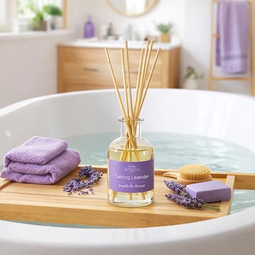 Natural Reed Diffuser Set, Calming Lavender 3.52 oz (100ml) Scented Diffuser with Sticks Home Fragrance Reed Diffuser for Bathroom Shelf Decor, Ideal Gift for Woman