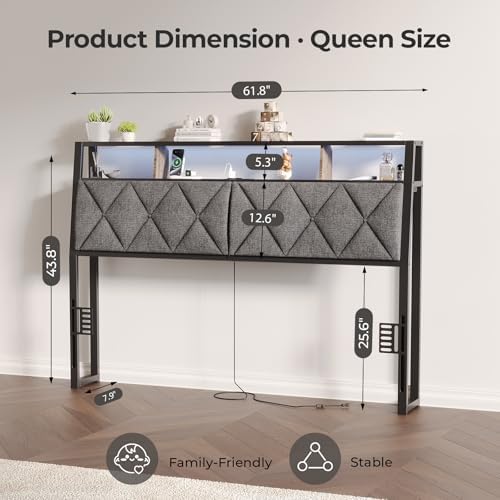Headboard Queen Size with Storage, Charging Station & Lights, Dark Grey
