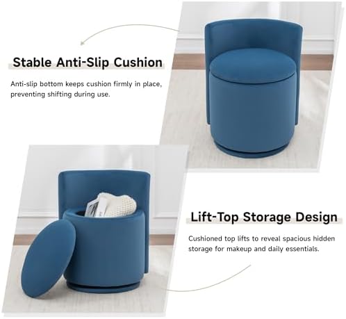 MINCETA Vanity Chair with Storage, 360° Swivel Accent Chair, Blue