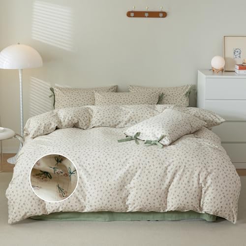 mixinni Country Style Duvet Cover Queen Size - Cottagecore Green Floral Vintage Bedding 3PC with Bow Ties Pillowcases, 100% Cotton Soft Aesthetic Boho Comforter Cover for Girls-Queen Size