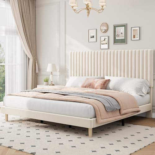 King Bed Frame with Adjustable Headboard, Velvet Upholstered Platform Bed