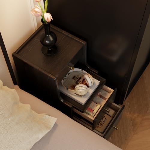 AQIMUELE Solid Wood Narrow Nightstand with 3 Drawers,Pure Black 11.8"