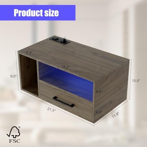 Homaterial Floating Nightstand with Lights, Grayish Brown