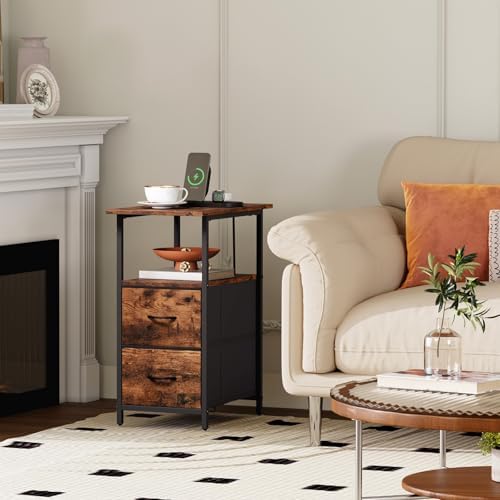 Somdot Narrow End Table with Charging Station, 2 Drawers, Slim Side Table