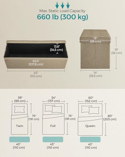 SONGMICS 43.3 Inches Storage Ottoman, Foldable Bench with Flipping Lid