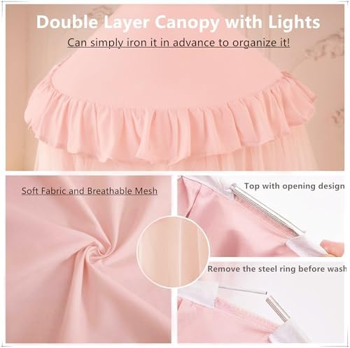 Princess Bed Canopy for Girls, Double Layer Canopy Fits Twin/Full Bed - Fairy Bed Tent for Kids Room Decor(with 250pcs Warm White Curtain Lights,Pink)
