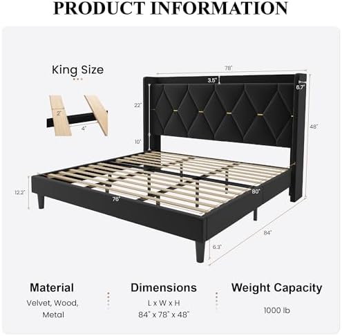 SHA CERLIN King Size Bed Frame with Storage Headboard & Charging Station