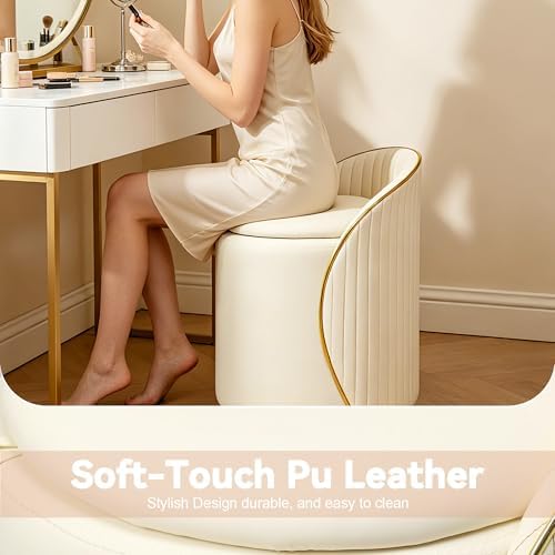 Vanity Chair with Storage, Leather Vanity Stool, 360° Swivel Makeup Chair with Back, No Assembly Upholstered Accent Chairs Stool for Bedroom, Dressing Room, Living Room, Cream