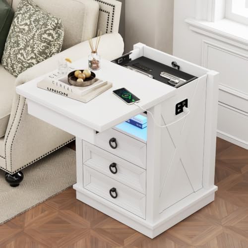 Farmhouse Nightstand with Gun Drawer,Bedside Table with Charging Station and Human Body Senor,3 LED Lights Night Stand with 3 Drawers and Open Shelf,End Side Table for Bedroom(White)