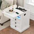 Farmhouse Nightstand with Gun Drawer,Bedside Table with Charging Station and Human Body Senor,3 LED Lights Night Stand with 3 Drawers and Open Shelf,End Side Table for Bedroom(White)
