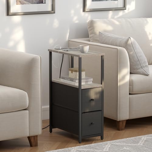 TUTOTAK Narrow End Table with Charging Station, Skinny Side Table
