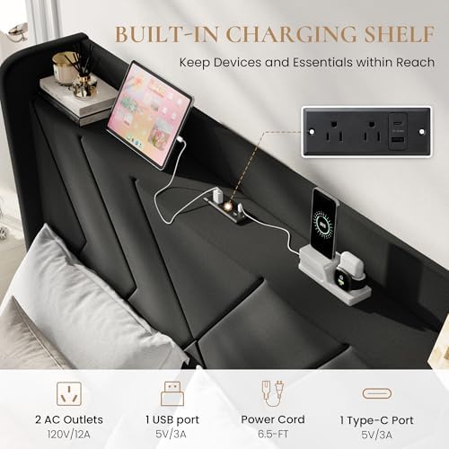 SHA CERLIN Queen Bed Frame, Velvet Upholstered Platform Bed Frame with Wingback Storage Headboard & Charging Station, Geometric Tufted Design, No Box Spring Needed, Easy Assembly, Black