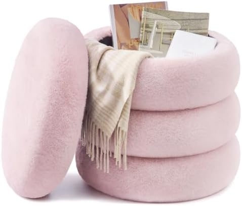 SONGMICS Round Ottoman with Storage, Vanity Stool, Plush Fabric