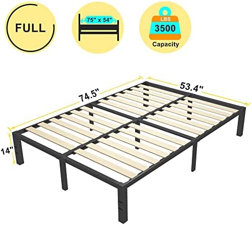 14 Inch Full Size Bed Frame with Wood Slats & 4 Mattress Baffles