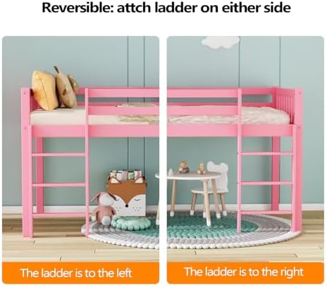 JOYMOR Low Loft Bed Twin Size with Stairs, Wooden Loft Bed for Kids, Junior，Young Teens，Pine Wood Twin Bed Frame, Space-Saving Design, No Box Spring Needed, Pink