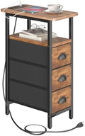 sthmec End Table with Charging Station,Narrow Side Tables with USB Ports and Outlets,Skinny Bedside Tables with 3 Drawers,Small Nightstands for Small Space,Slim Sofa Table for Livingroom,Rustic Brown