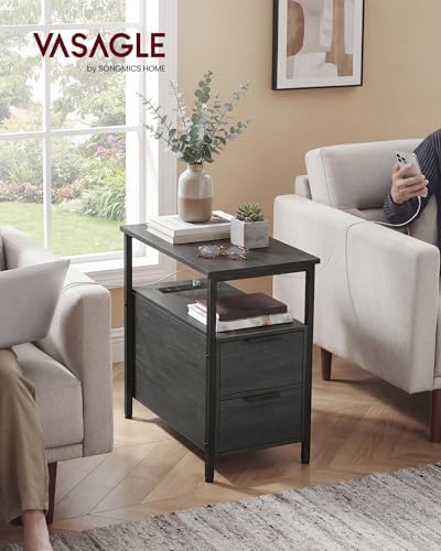 VASAGLE Side End Table with Charging Station, Slim Nightstand with Storage