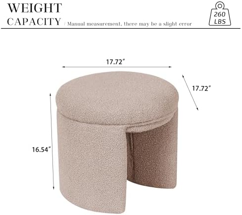 Boucle Ottoman, Round Sherpa Vanity Stool Chair, 17" Small Upholstered Modern Teddy Footstool for Makeup, Living Room, Entryway, Bedroom, Dark Beige