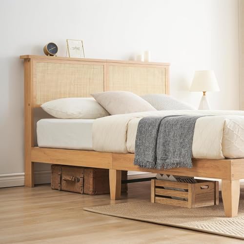 coucheta Bohemian King Rattan Bed LED Natural Headboard Bedroom