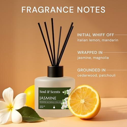 Soul & Scents Reed Diffuser Set – Jasmine | 7.43 oz Refillable Scented Oil with 6 Fiber Sticks | Long-Lasting Home Fragrance & Air Freshener for Bedroom, Bathroom, Office | Gift & Décor Piece