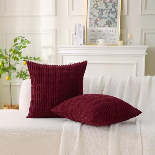 2 Pack Corduroy Decorative Throw Pillow with Inserts, 20x20 Inch Soft Boho Throw Pillow, Square Striped Throw Pillows for Couch, Bed, Sofa Decor (Burgundy)