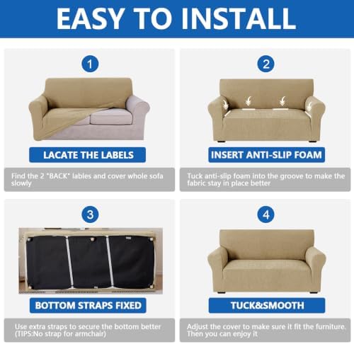 MAXIJIN Waterproof Loveseat Cover Couch Covers (55"-69"), Stretch Love Seat Sofa Slipcovers with Non Slip Elastic Bottom, Dog Pet Friendly Furniture Protector Washable (Medium, Khaki)
