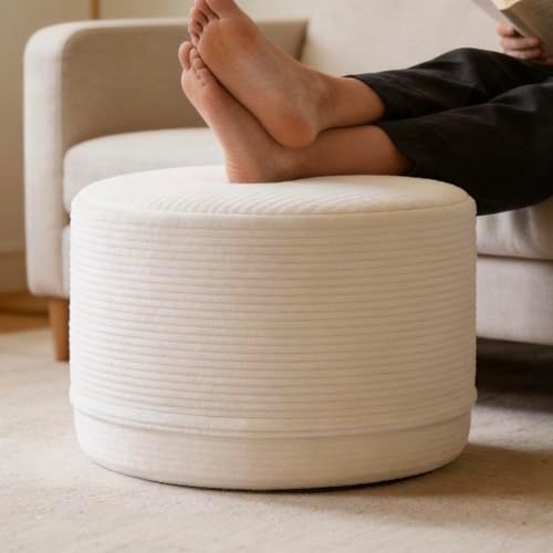 Thgonwid Round Ottoman Pouf, Corduroy Foot Rest Stool, 20x14In, Ivory White