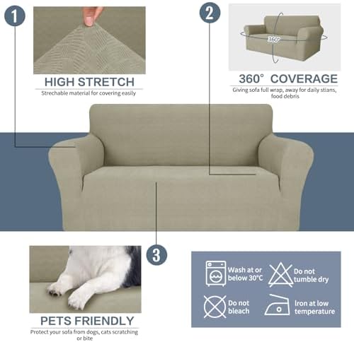 JIVINER Stretch Sofa Covers 1 Piece Couch Covers for 3 Cushion Couch Sofa, 3 Seater Sofa Slipcovers Furniture Protector with Elastic Bottom for Kids, Pets (Khaki, Sofa)