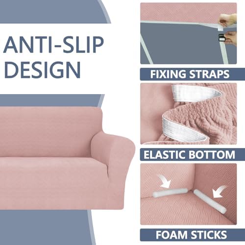 JIVINER Stretch Sofa Covers 1 Piece Couch Covers for 3 Cushion Couch Sofa, 3 Seater Sofa Slipcovers Furniture Protector with Elastic Bottom for Kids, Pets (Dusty Pink, Sofa)