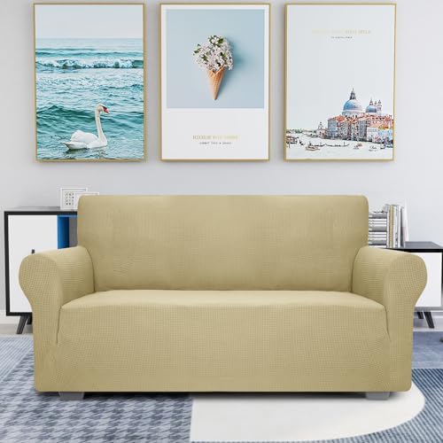 JIVINER High Stretch Loveseat Sofa Slipcovers 1-Piece Jacquard Couch Covers for 2 Cushion Couch Furniture Protector Washable Sofa Covers for Kids Pets Small Checks (Loveseat, Champagne)