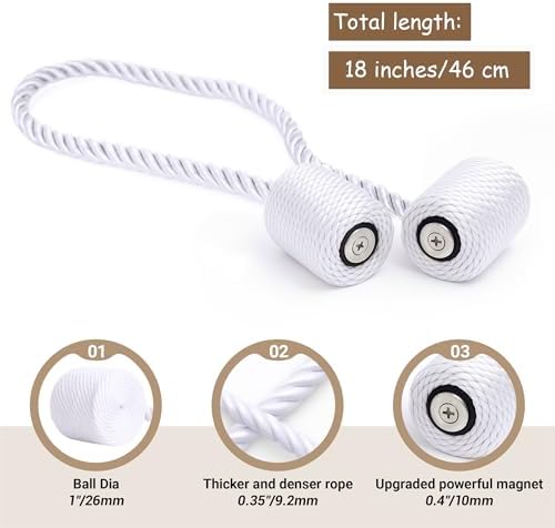 Hion Magnetic Curtain Tiebacks White 2pcs, Curtain Holdbacks Hooks Holders