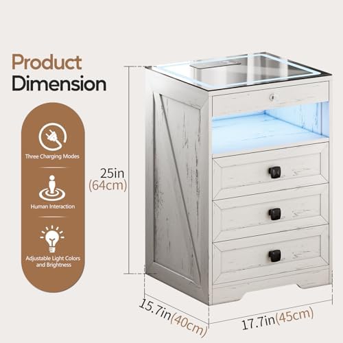 Smart Nightstand with Lockable Gun Drawer,Farmhouse Bedside Table with Charging Station and 3 LED Lights, Modern Night Stand with 3 Drawers,Glass Top End Side Table for Bedroom（White）