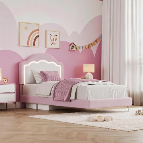 Twin Size Kids Bed Frame with Adjustable RGB LED Headboard