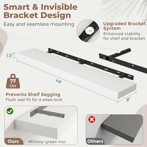 48 Inch Floating Shelves for Wall, 8"D Wood Storage Shelves, White Finish