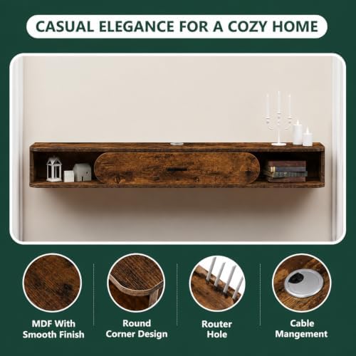 GHC Floating TV Stand, 65'' Wall Mounted TV Cabinet, Floating Shelves with Door, Media Console for DVD Player, Space-Saving Under TV Shelf for Bedroom & Living Room (Rustic Brown)