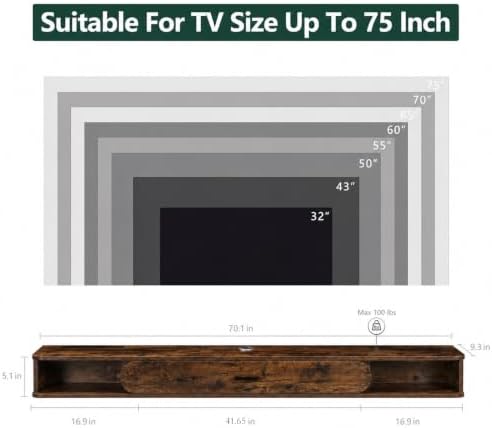 GHC Floating TV Stand, 75'' Wall Mounted TV Cabinet, Floating Shelves with Door, Media Console for DVD Player, Space-Saving Under TV Shelf for Bedroom & Living Room (Rustic Brown)