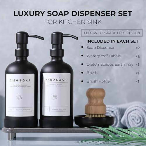 [Luxury] Kitchen Soap Dispenser Set - 16OZ Black Glass Bottle, Stainless Steel Pump, Instant Dry Tray, Waterproof Labels, Non-Slip Silicone Pad, and Dish Brush | Upgrade for Your Kitchen and Bathroom