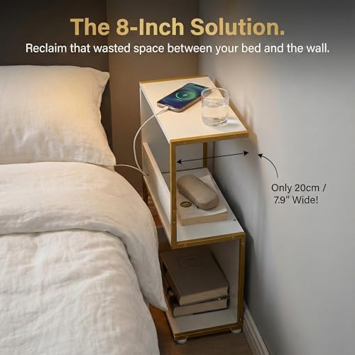 Narrow End Table for Small Spaces - Slim Side Table, S Shape Design Narrow End Tables Living Room,Skinny Bedroom Nightstand Thin Side Magazine Bookshelf (Champagne Gold)