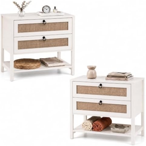 GIANTEX Rattan Nightstand Set 2 with 2 Drawers, 27" Wide Boho Bedside Table