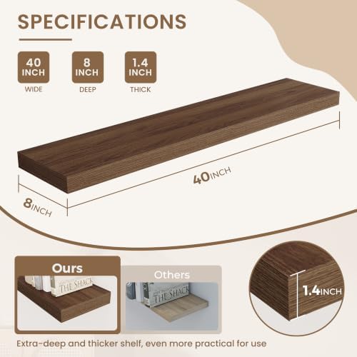 Dreamland 40 Inches Wall Mounted Wood Floating Shelves, Walnut, 2 Pack