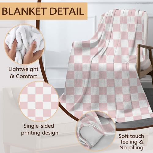 Throw Blanket for Couch,Pink White Checkered Plush Fall Throw,Princess Girls Soft Fluffy Blanket for Sofa Decoration,Flannel Fleece Blanket for Naps,Reading,Traveling,Camping,50 X 60 Inch