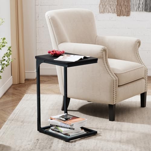 QEEIG C Shaped End Table Side Tables for Couch Set of 2, Black