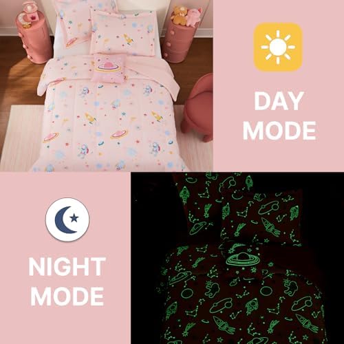 Full Size Comforter Sets for Girls-4 Pieces Pink Glow in the Dark Bedding