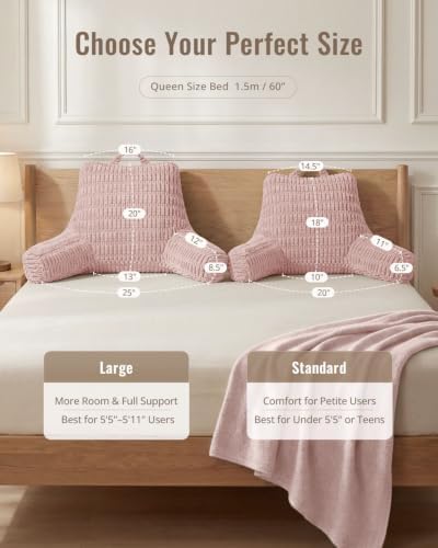 Blissful Diary Reading Pillow, Large Backrest Pillow with Shredded Memory Foam for Adult & Children, Designed for Bed and Couch Sitting Up, Includes Arms, Pockets and Washable Cover, Pale Pink