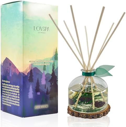 Reed Diffuser Set, Winter Forest Pine Scented Oil Diffuser with Sticks and Wooden Coaster, Bathroom Shelf Decor Made with Real Botanicals, USA Made