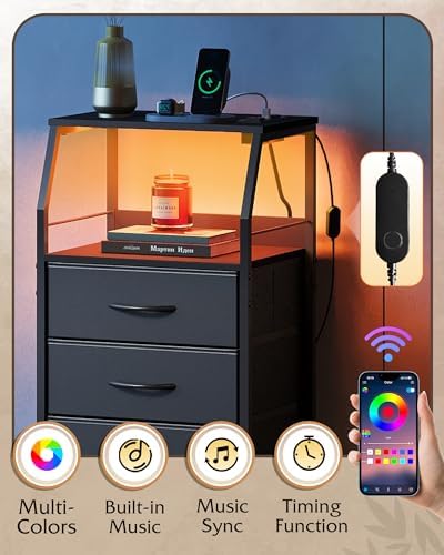 WLIVE LED Nightstand with Charging Station, Fabric Dresser with 5 Drawers for Bedroom, Tall Night Stand with Open Shelves, Bed Side Tables Living Room, Black