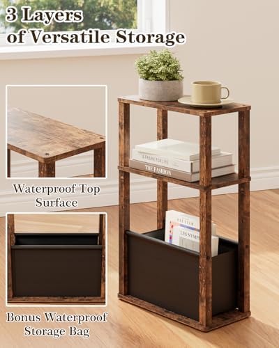 Narrow Side Table, 3-Tier Night Stand with Storage Bag, Skinny Nightstand for Small Spaces, Wooden Bedside Table for Living Room, Bedroom, Rustic Brown
