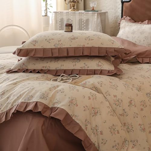 Twin Size Flower Print Duvet Covers with Pale Pink Ruffles Soft Vintage 100% Cotton Comforter Cover Set for Girls Kids,3 Pieces,Includes 1 Duvet Cover& 2 Pillowcases
