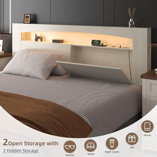Queen Size Wooden Headboard Only with Storage (Off-White, Queen)